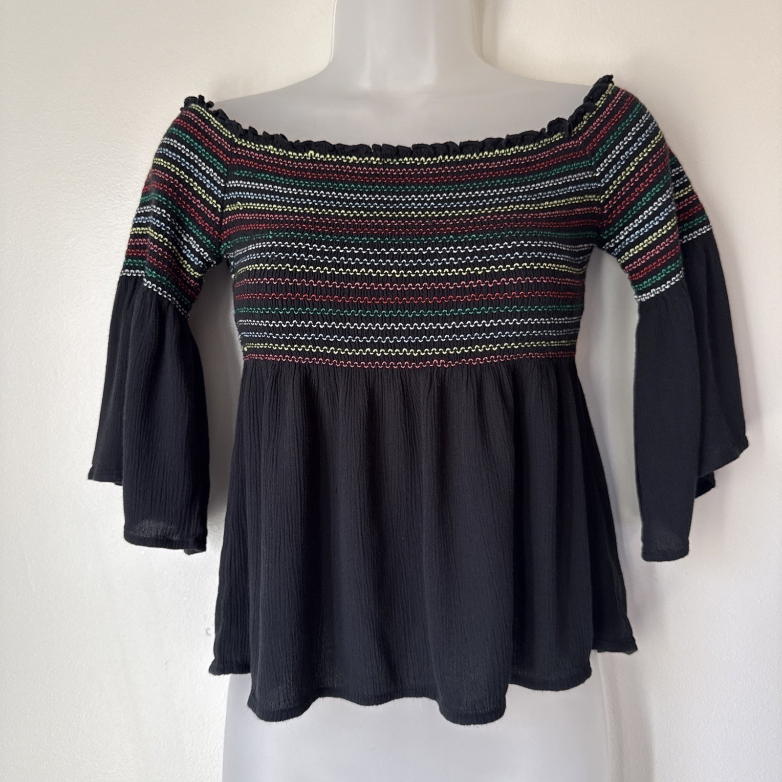 Hollister Top Womens Size S Black Gauzy Smocked Babydoll Y2k Fairycore Rainbow